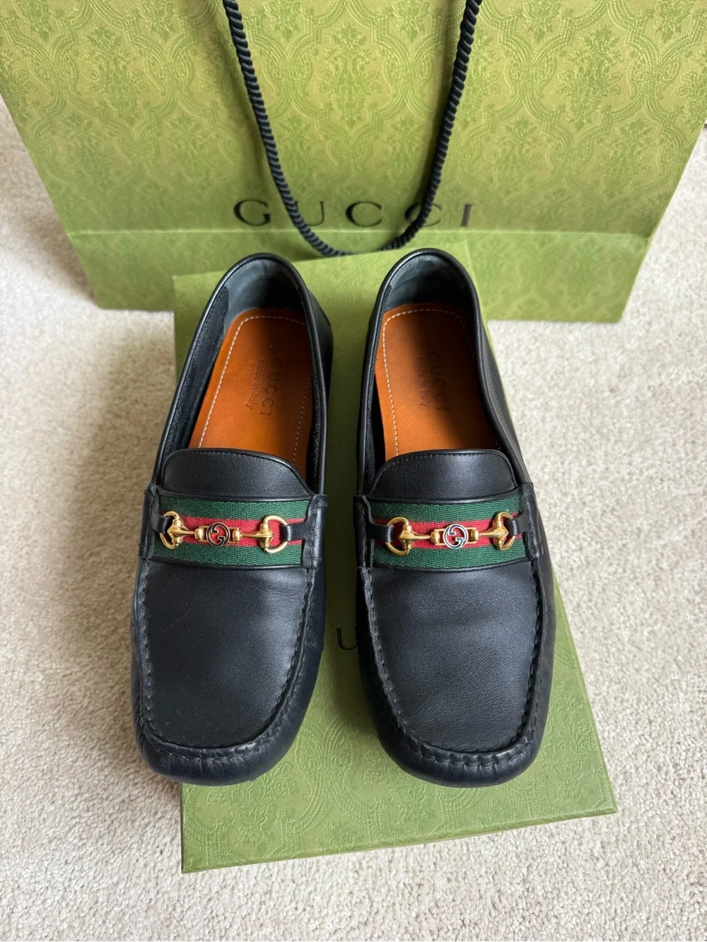 Gucci Black Leather Loafers with Green-Red Web & Gold Horsebit